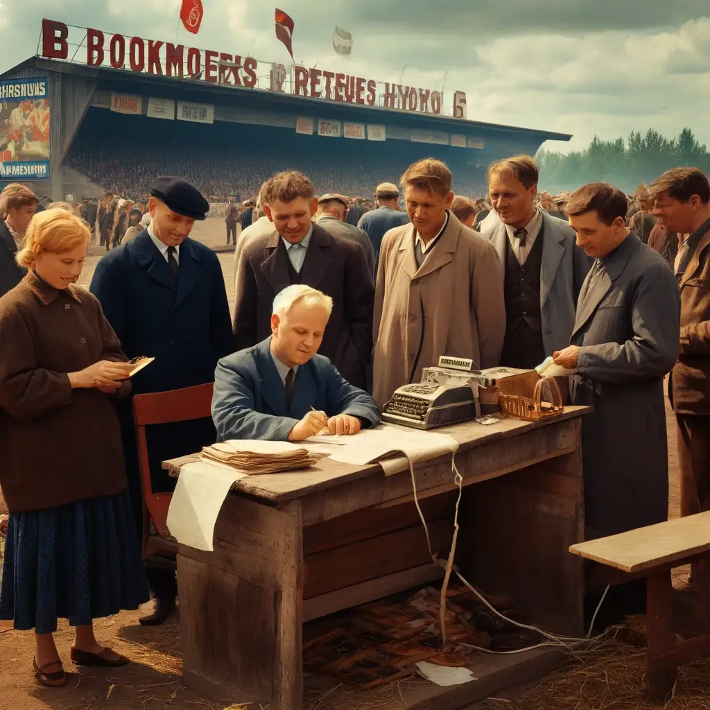 Šis attēls attēlo nostalģisku skatu ar tradicionālajiem bukmeikeriem sporta norises vietā Latvijā, uztverot kopienisku un dzīvīgu atmosfēru agrīnajā sporta derību laikmetā.