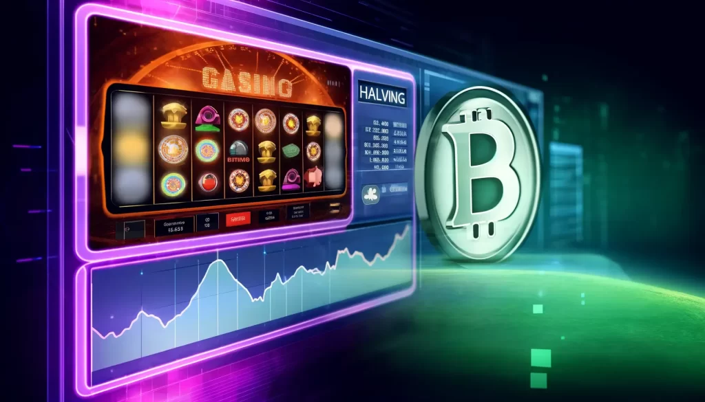 A detailed digital illustration of an iGaming platform interface featuring various casino games with Bitcoin symbols. The screen highlights the integration of Bitcoin as a payment option.