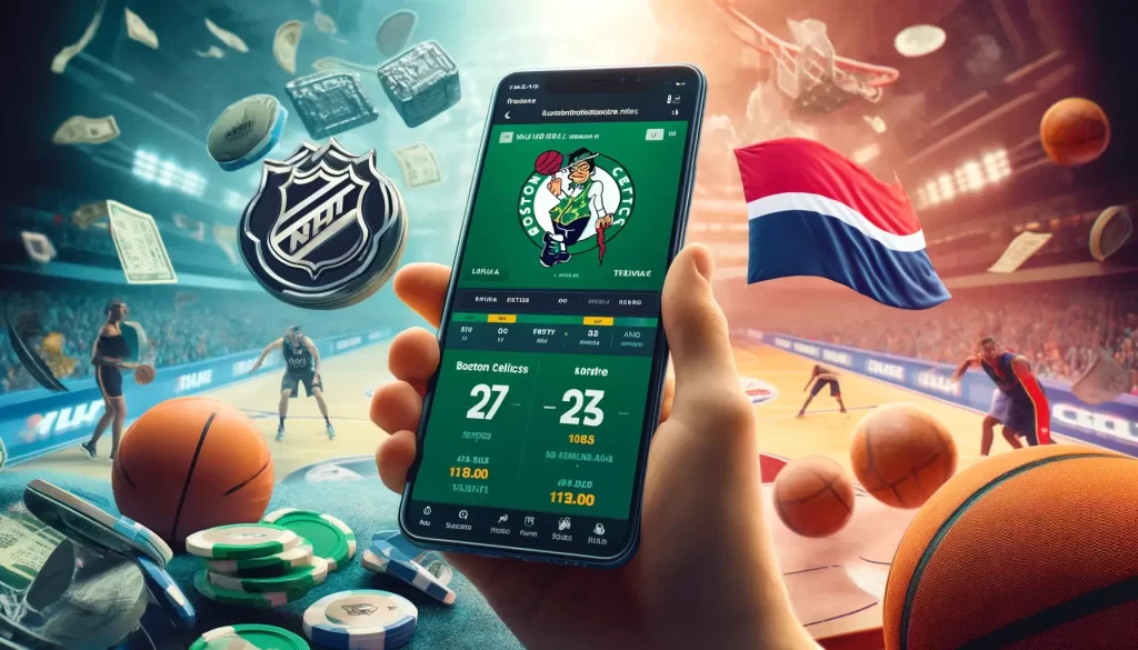 Latvijas derību slēdzēji, kas piedalās NBA un NHL derību tirgos, izceļot Bostonas Celtics un Floridas Panthers. Attēlā redzams sporta derību interfeiss mobilajās ierīcēs, fonā redzams basketbola laukums un ledus hokeja laukums ar Latvijas kultūras simboliem.