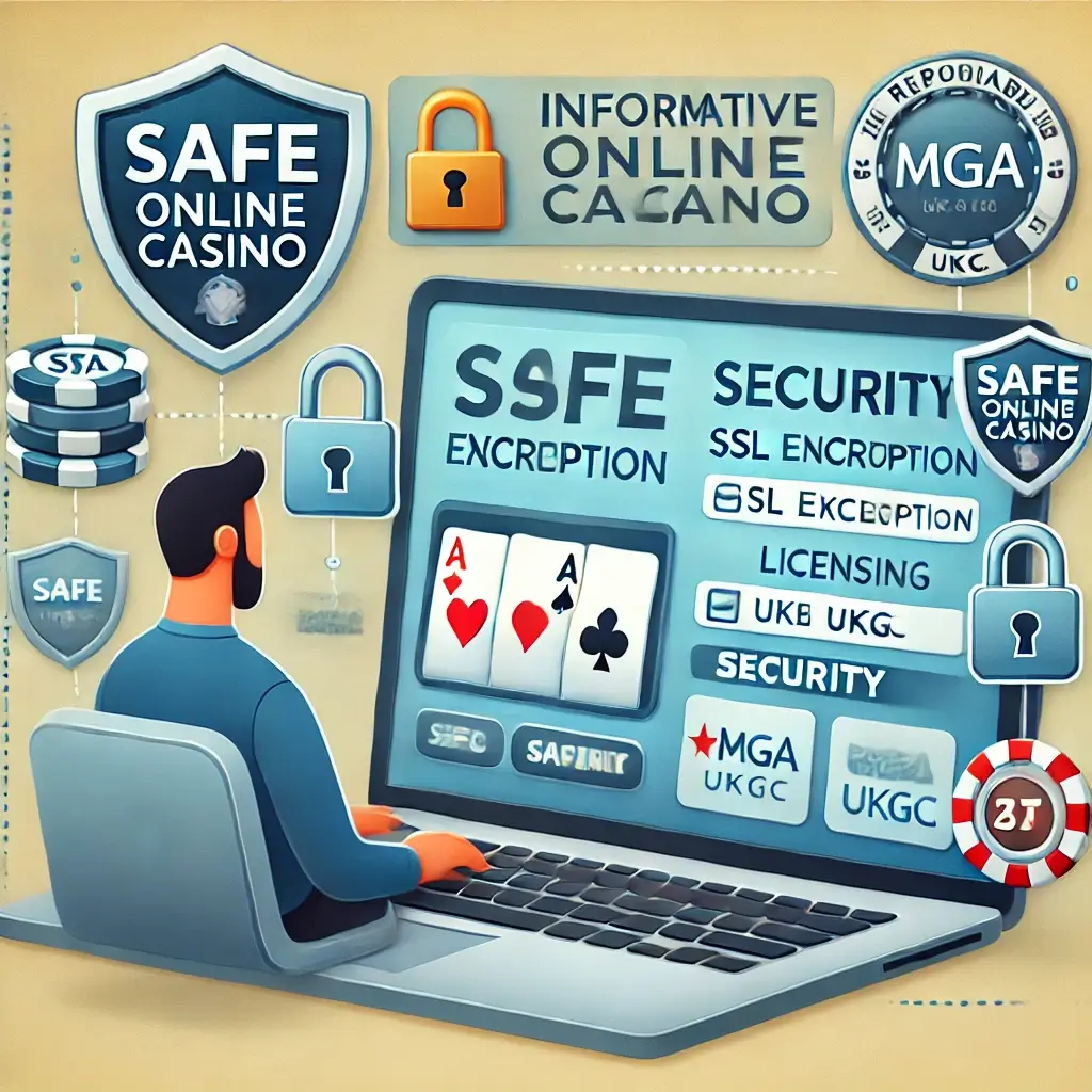 Person browsing a safe online casino website on a laptop with SSL encryption and licensing logos displayed.